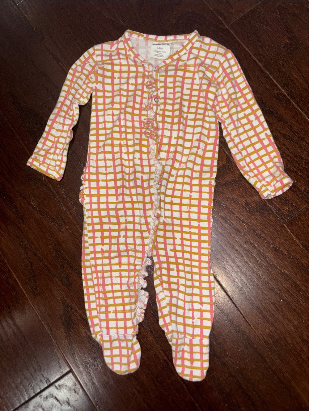 Spearmint Love Bamboo Ruffled Grid Footed One-Piece in Pink & Yellow 6 9 months